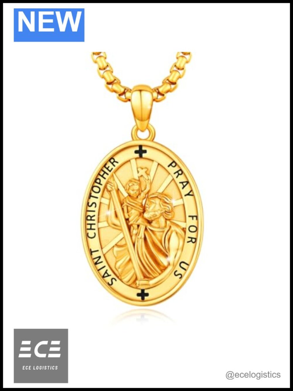 S925 Sterling Silver St Christopher Pendant with Stainless Steel Rolo Chain